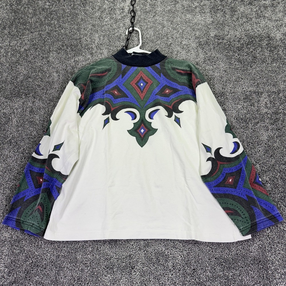 Vintage Adobe Rose Shirt Womens XL White Geometric Long Sleeve Crew Neck Casual